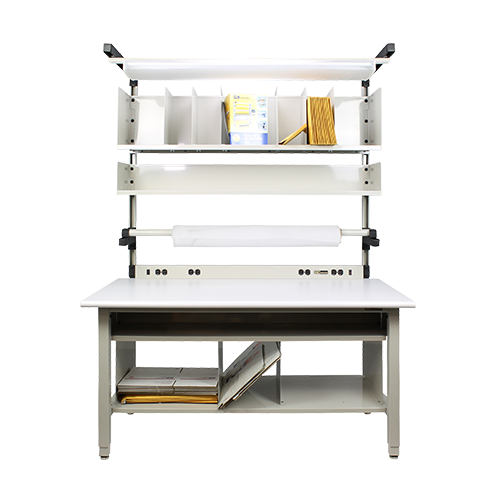 iac warehouse packaging workbench with shelves and light